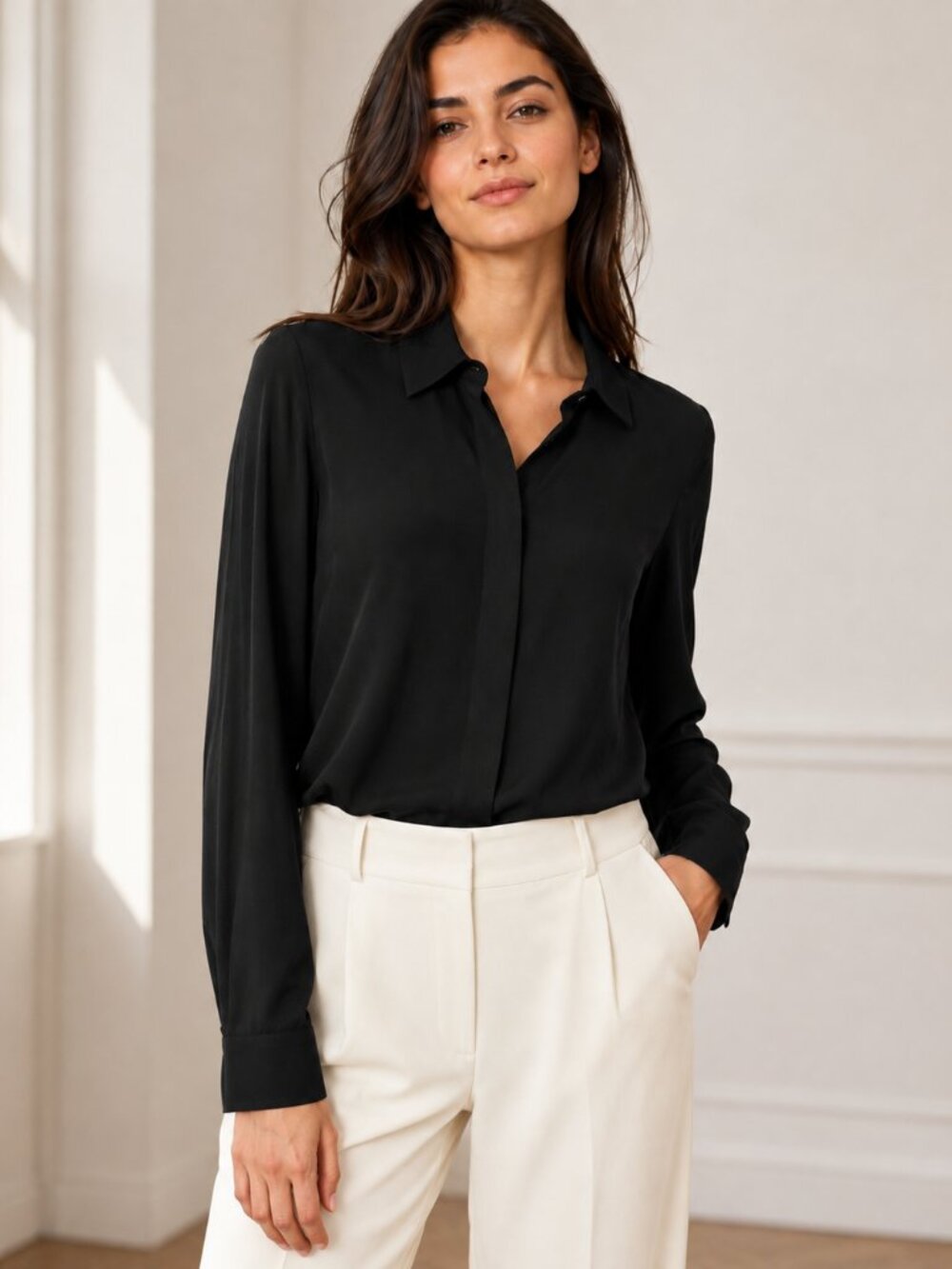 The Kooples Black Silk Long Sleeve Button Front Blouse XL NWT